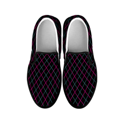 Black Pink And Blue Argyle Pattern Print Black Slip On Shoes