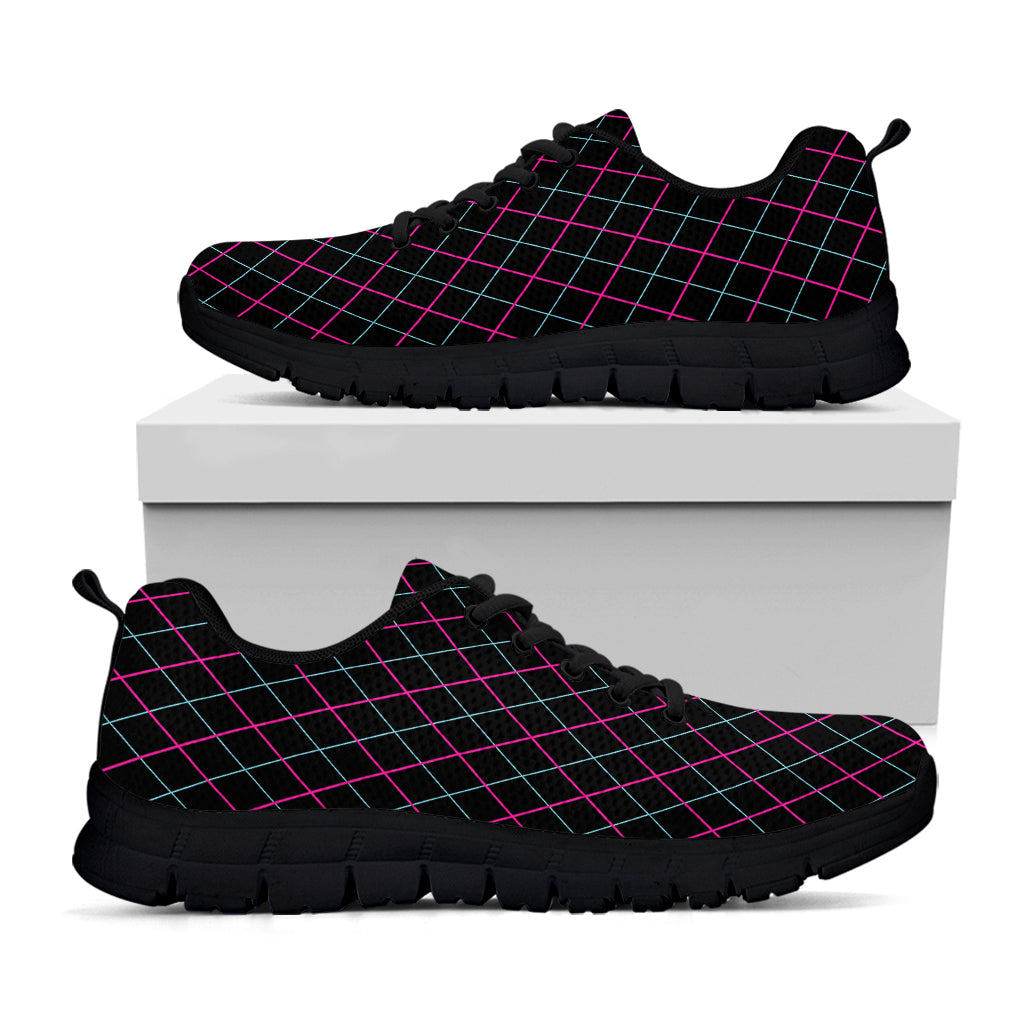 Black Pink And Blue Argyle Pattern Print Black Sneakers