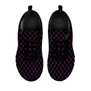 Black Pink And Blue Argyle Pattern Print Black Sneakers