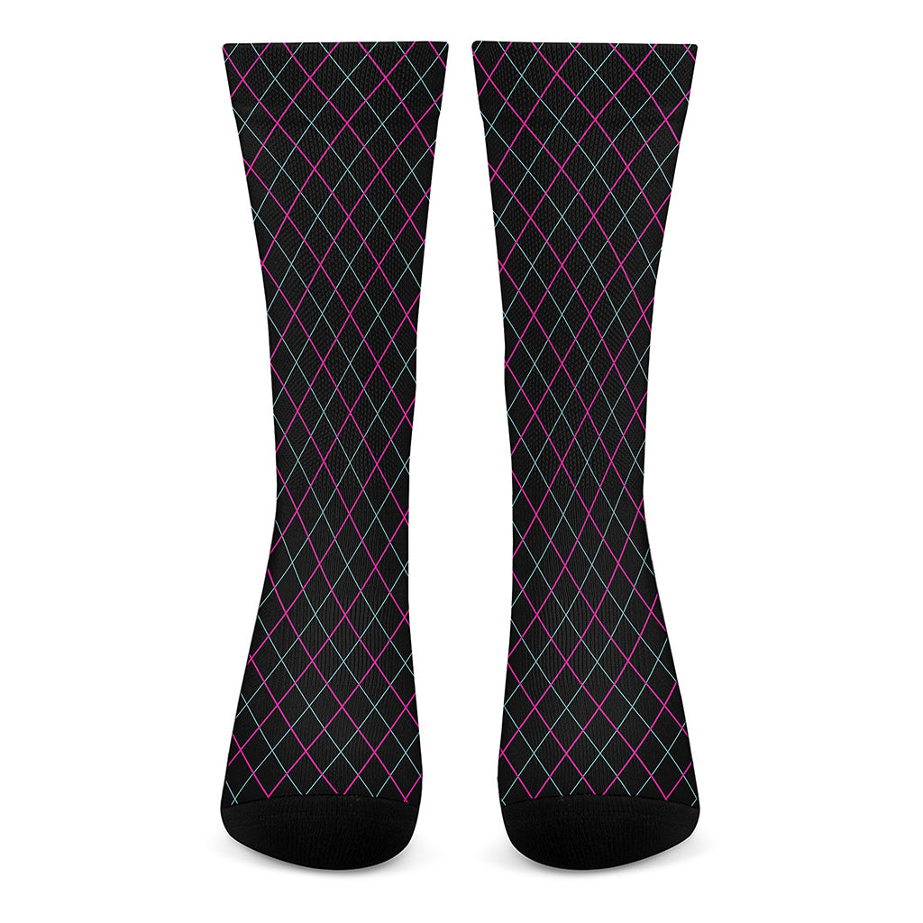 Black Pink And Blue Argyle Pattern Print Crew Socks