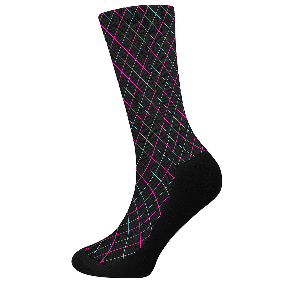 Black Pink And Blue Argyle Pattern Print Crew Socks