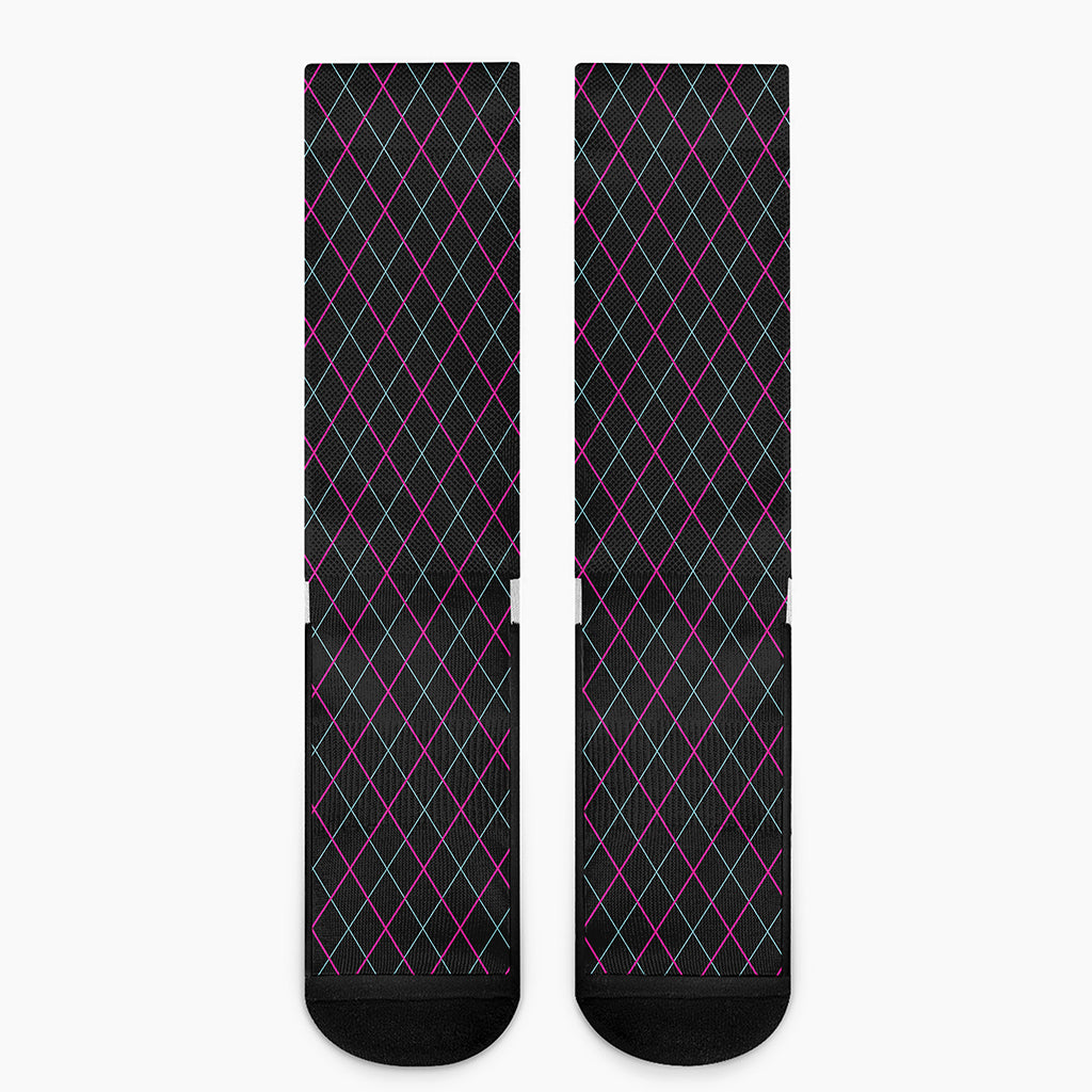 Black Pink And Blue Argyle Pattern Print Crew Socks