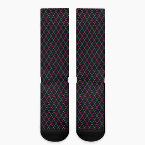 Black Pink And Blue Argyle Pattern Print Crew Socks