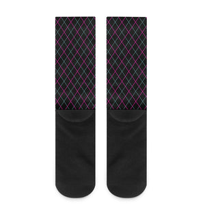 Black Pink And Blue Argyle Pattern Print Crew Socks