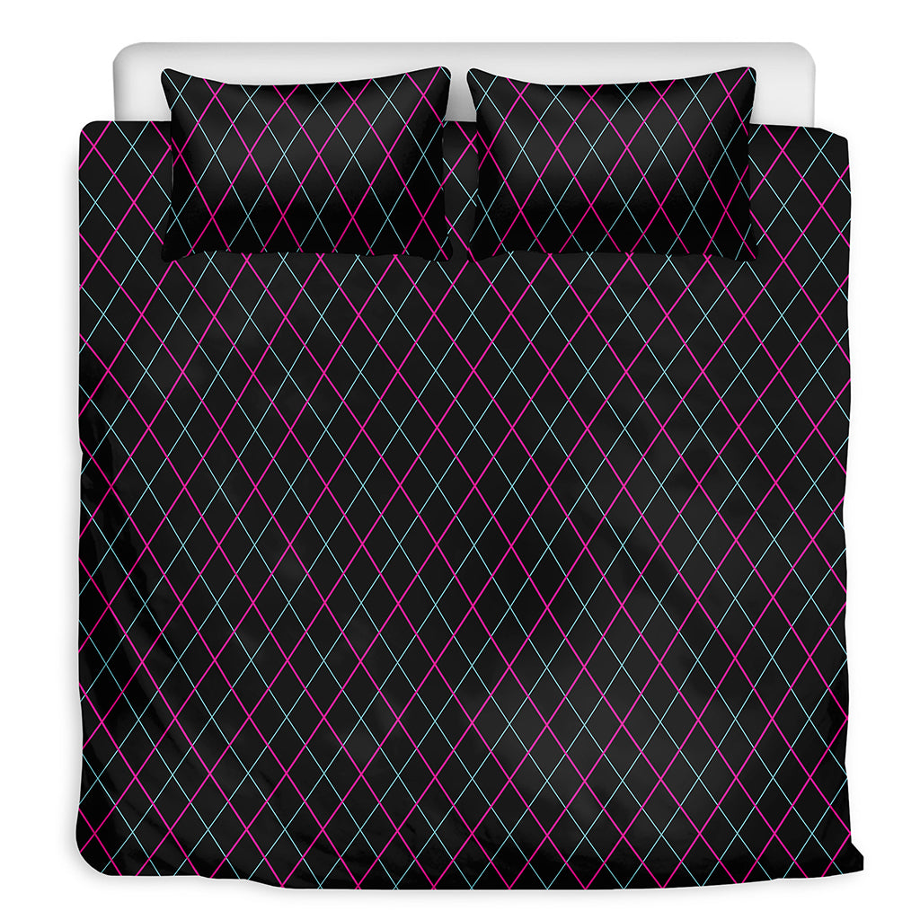 Black Pink And Blue Argyle Pattern Print Duvet Cover Bedding Set