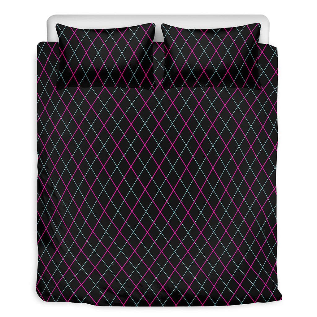 Black Pink And Blue Argyle Pattern Print Duvet Cover Bedding Set