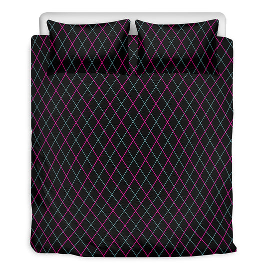 Black Pink And Blue Argyle Pattern Print Duvet Cover Bedding Set