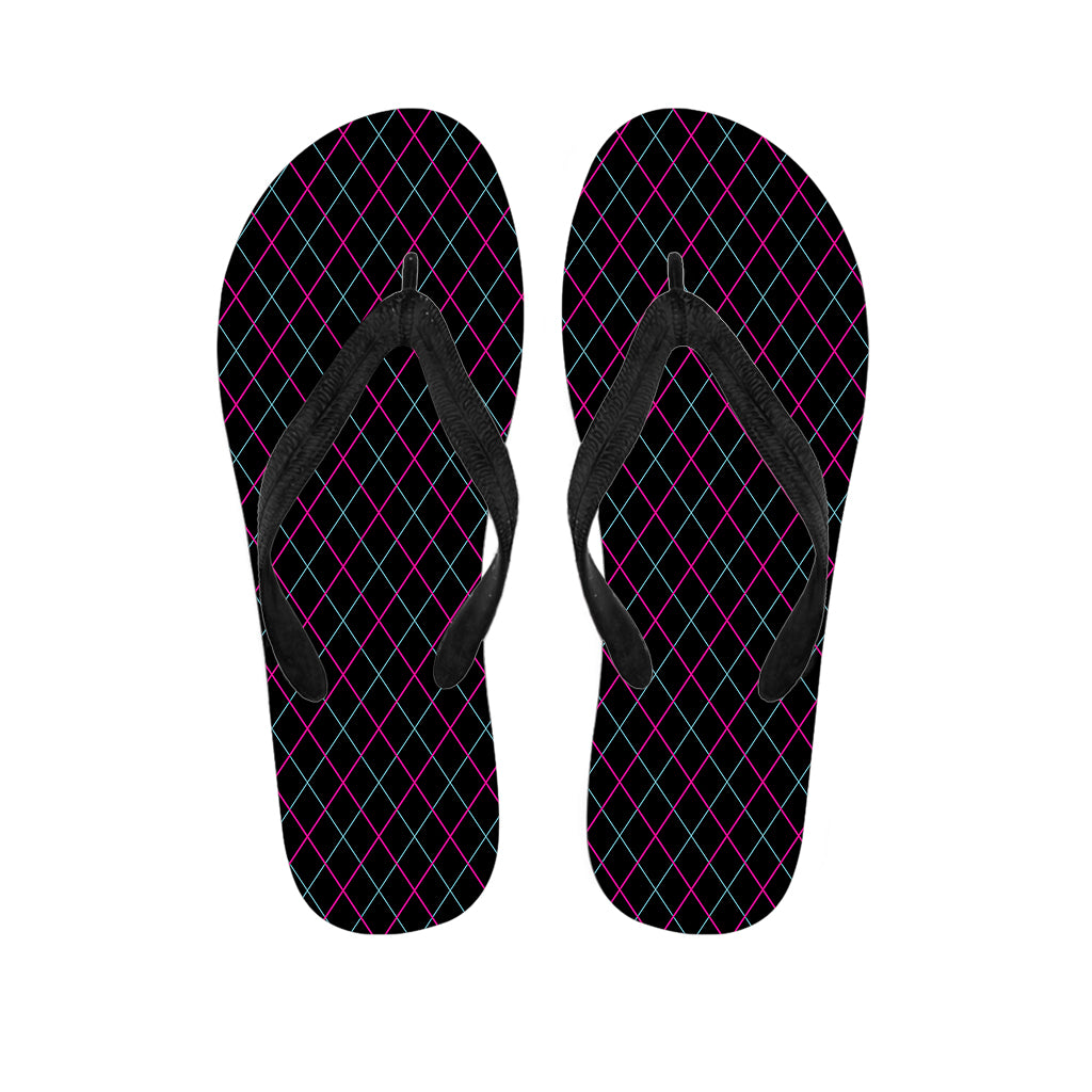 Black Pink And Blue Argyle Pattern Print Flip Flops