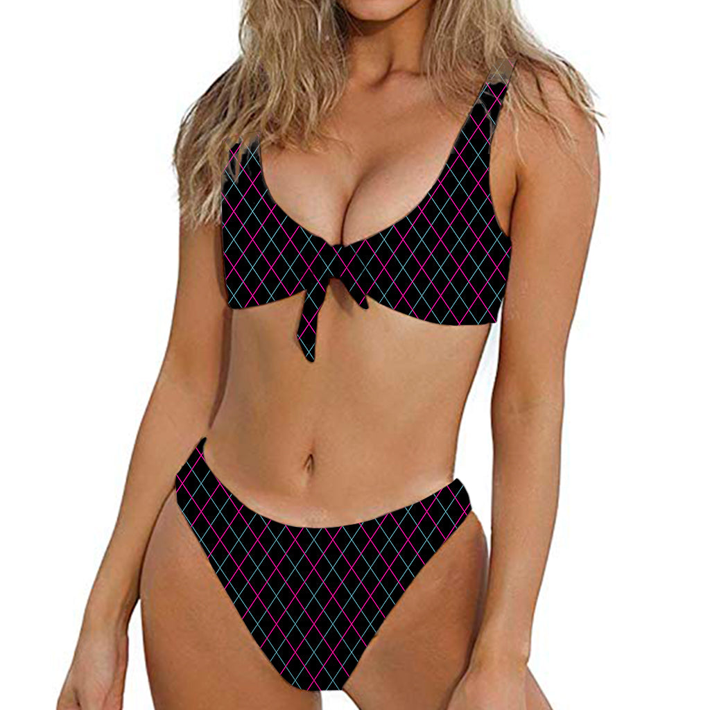 Black Pink And Blue Argyle Pattern Print Front Bow Tie Bikini