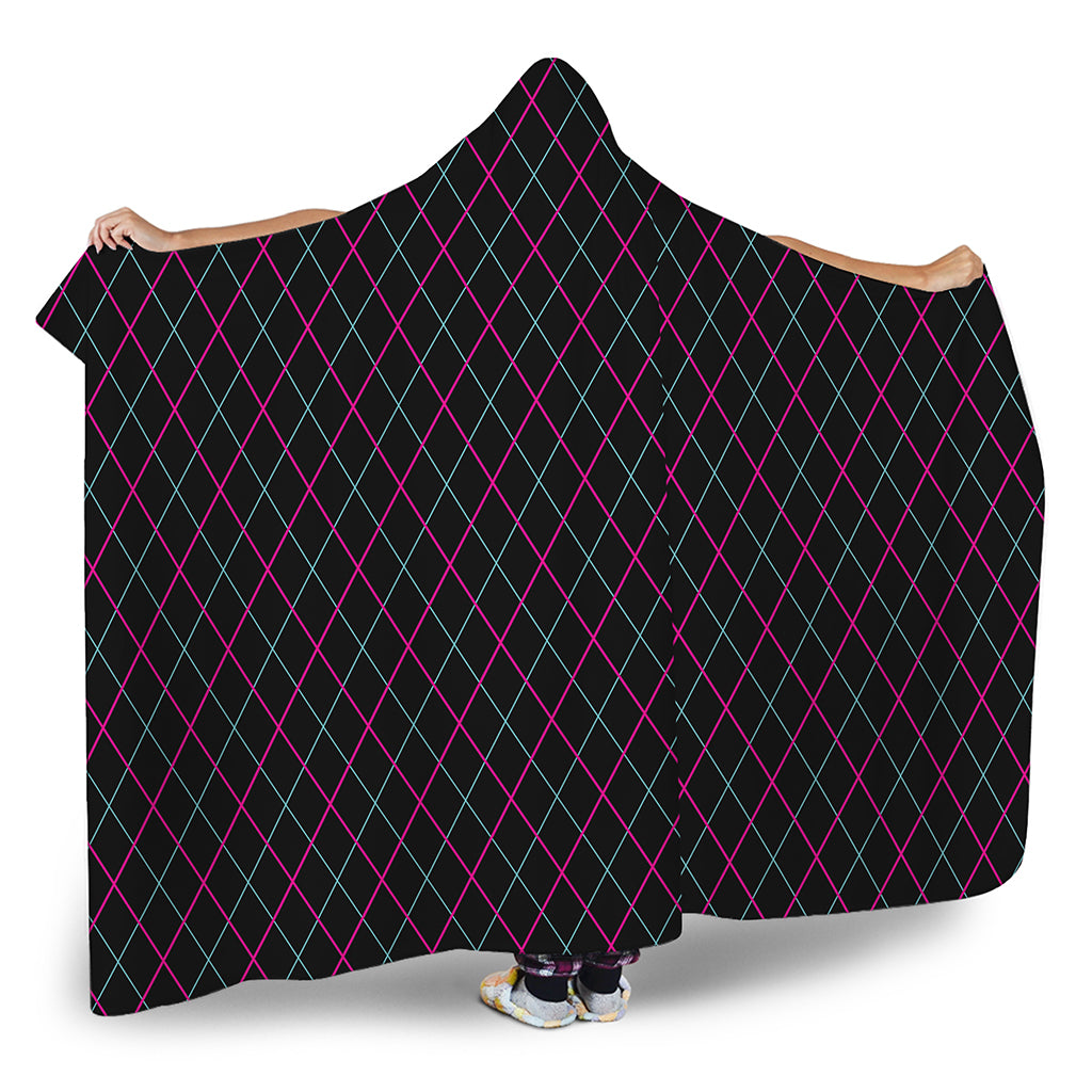 Black Pink And Blue Argyle Pattern Print Hooded Blanket