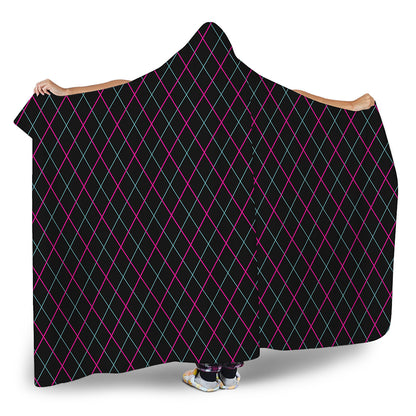 Black Pink And Blue Argyle Pattern Print Hooded Blanket