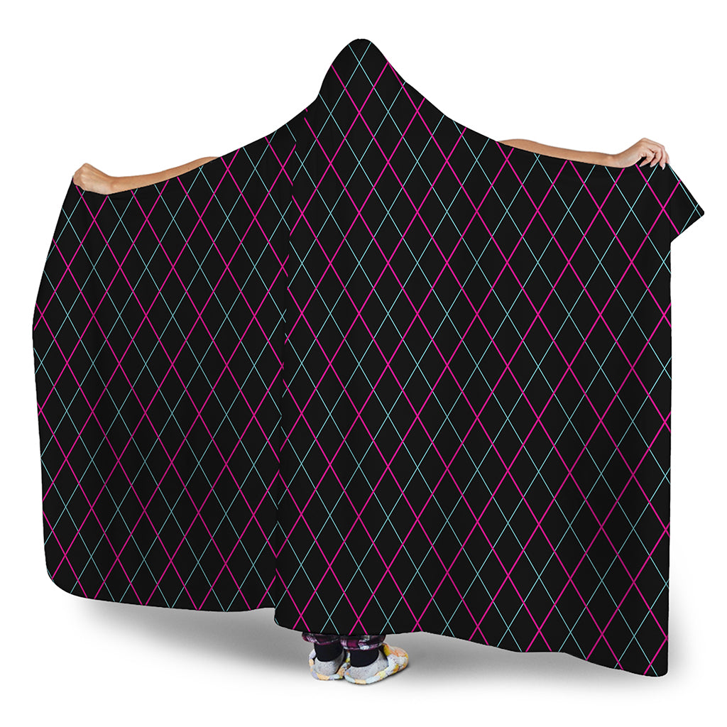 Black Pink And Blue Argyle Pattern Print Hooded Blanket
