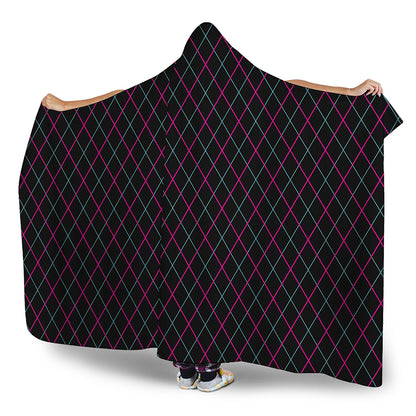 Black Pink And Blue Argyle Pattern Print Hooded Blanket
