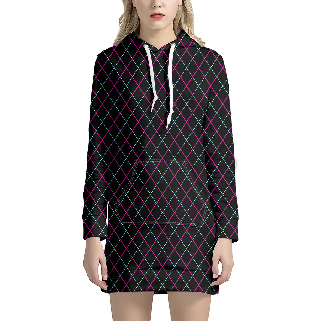 Black Pink And Blue Argyle Pattern Print Hoodie Dress