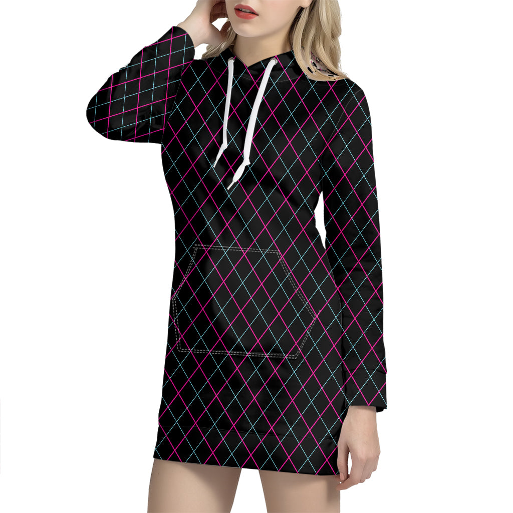 Black Pink And Blue Argyle Pattern Print Hoodie Dress