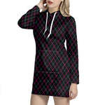 Black Pink And Blue Argyle Pattern Print Hoodie Dress