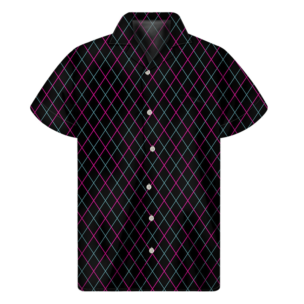 Black Pink And Blue Argyle Pattern Print Men's Short Sleeve Shirt