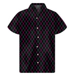 Black Pink And Blue Argyle Pattern Print Men's Short Sleeve Shirt