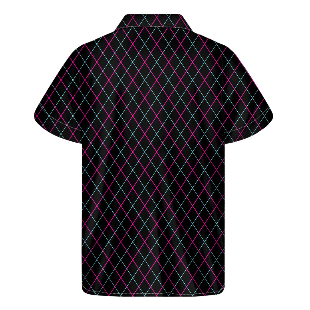 Black Pink And Blue Argyle Pattern Print Men's Short Sleeve Shirt