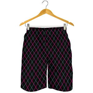 Black Pink And Blue Argyle Pattern Print Men's Shorts