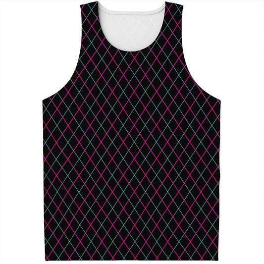 Black Pink And Blue Argyle Pattern Print Men's Tank Top