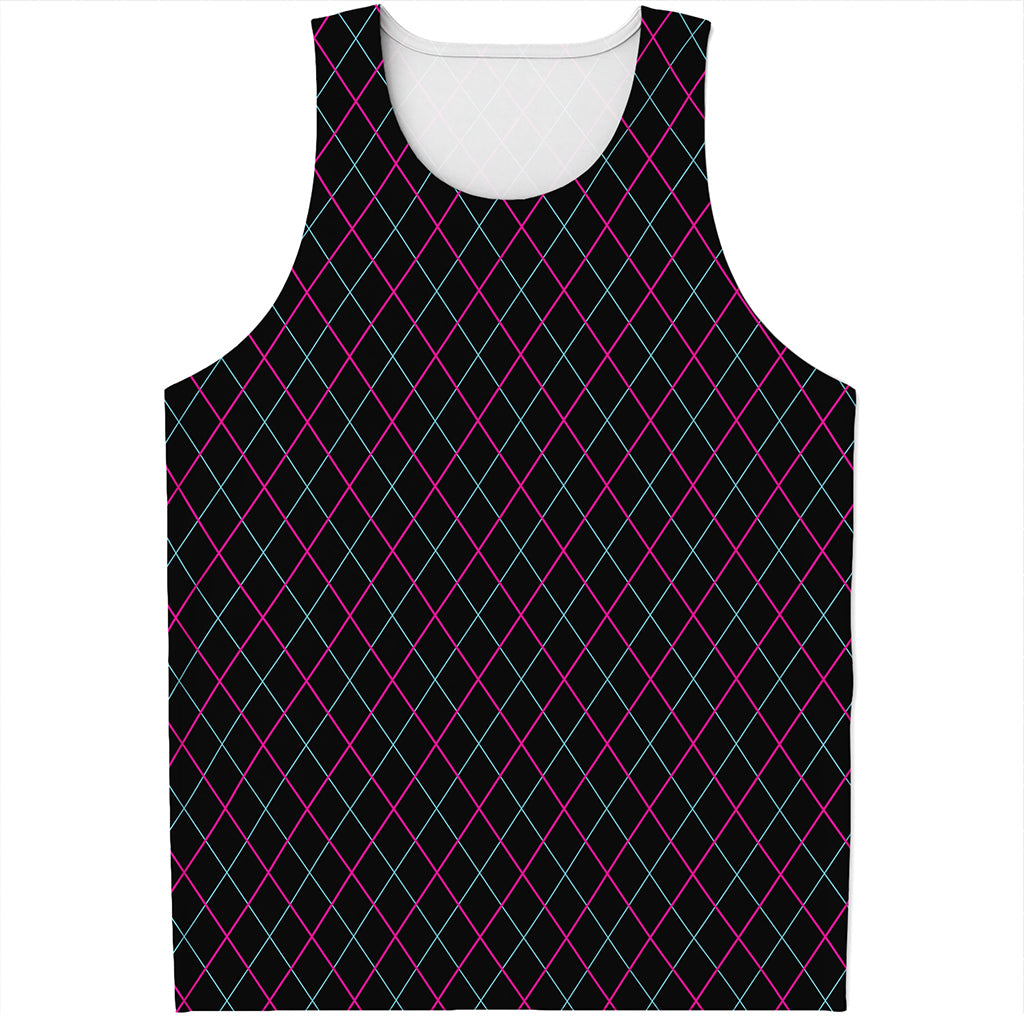 Black Pink And Blue Argyle Pattern Print Men's Tank Top