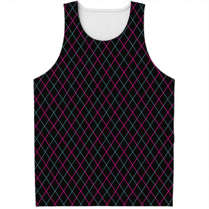 Black Pink And Blue Argyle Pattern Print Men's Tank Top