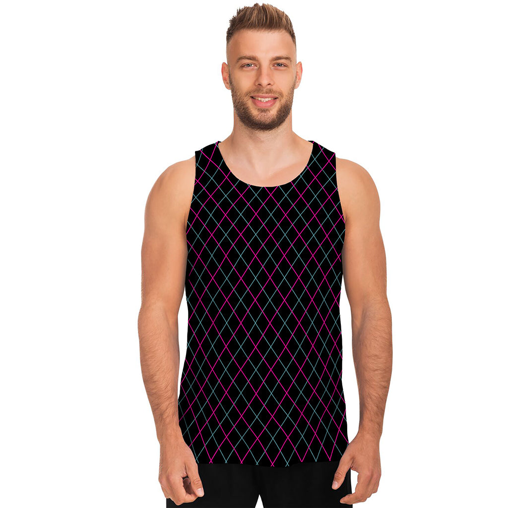 Black Pink And Blue Argyle Pattern Print Men's Tank Top