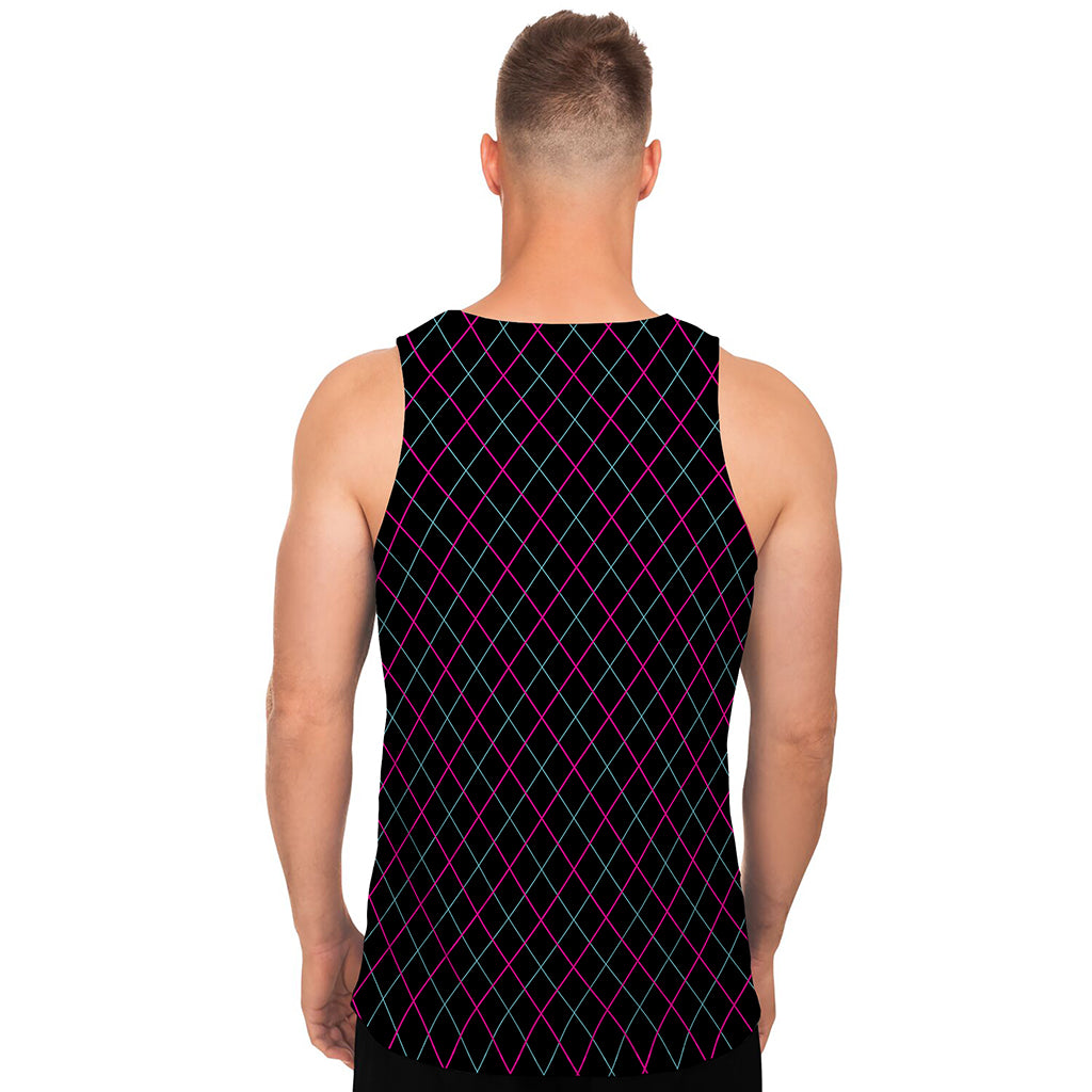 Black Pink And Blue Argyle Pattern Print Men's Tank Top