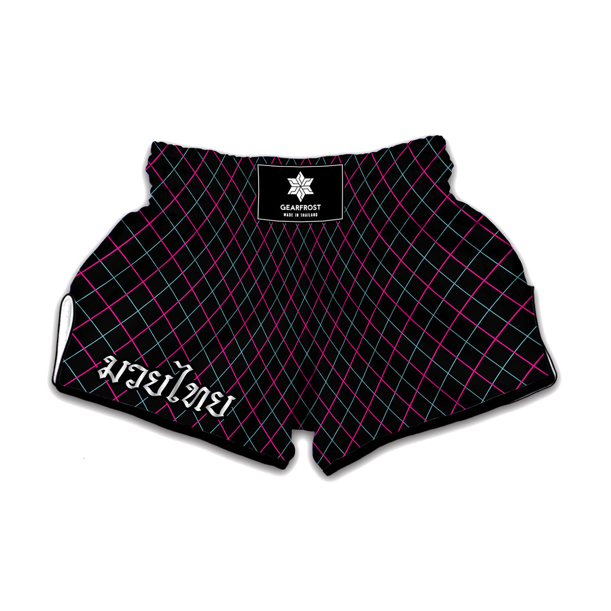 Black Pink And Blue Argyle Pattern Print Muay Thai Boxing Shorts