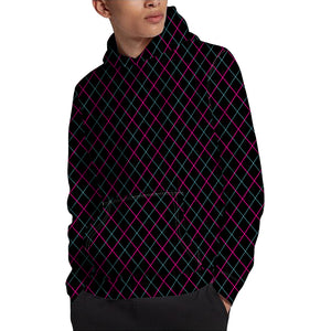 Black Pink And Blue Argyle Pattern Print Pullover Hoodie