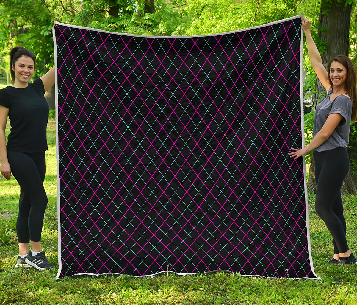 Black Pink And Blue Argyle Pattern Print Quilt