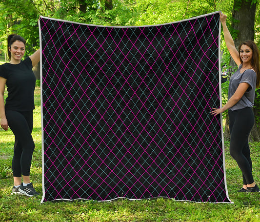 Black Pink And Blue Argyle Pattern Print Quilt