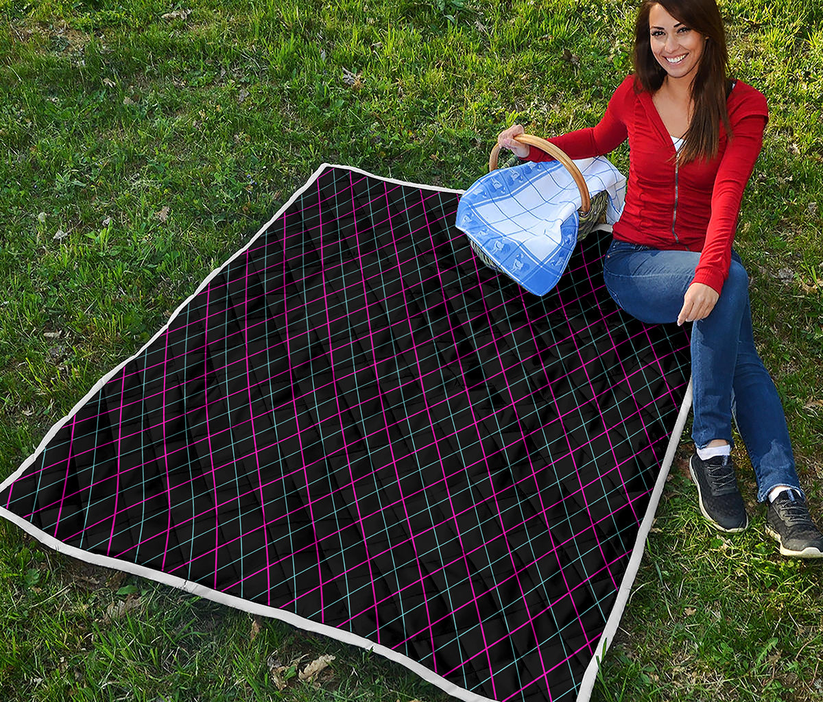 Black Pink And Blue Argyle Pattern Print Quilt