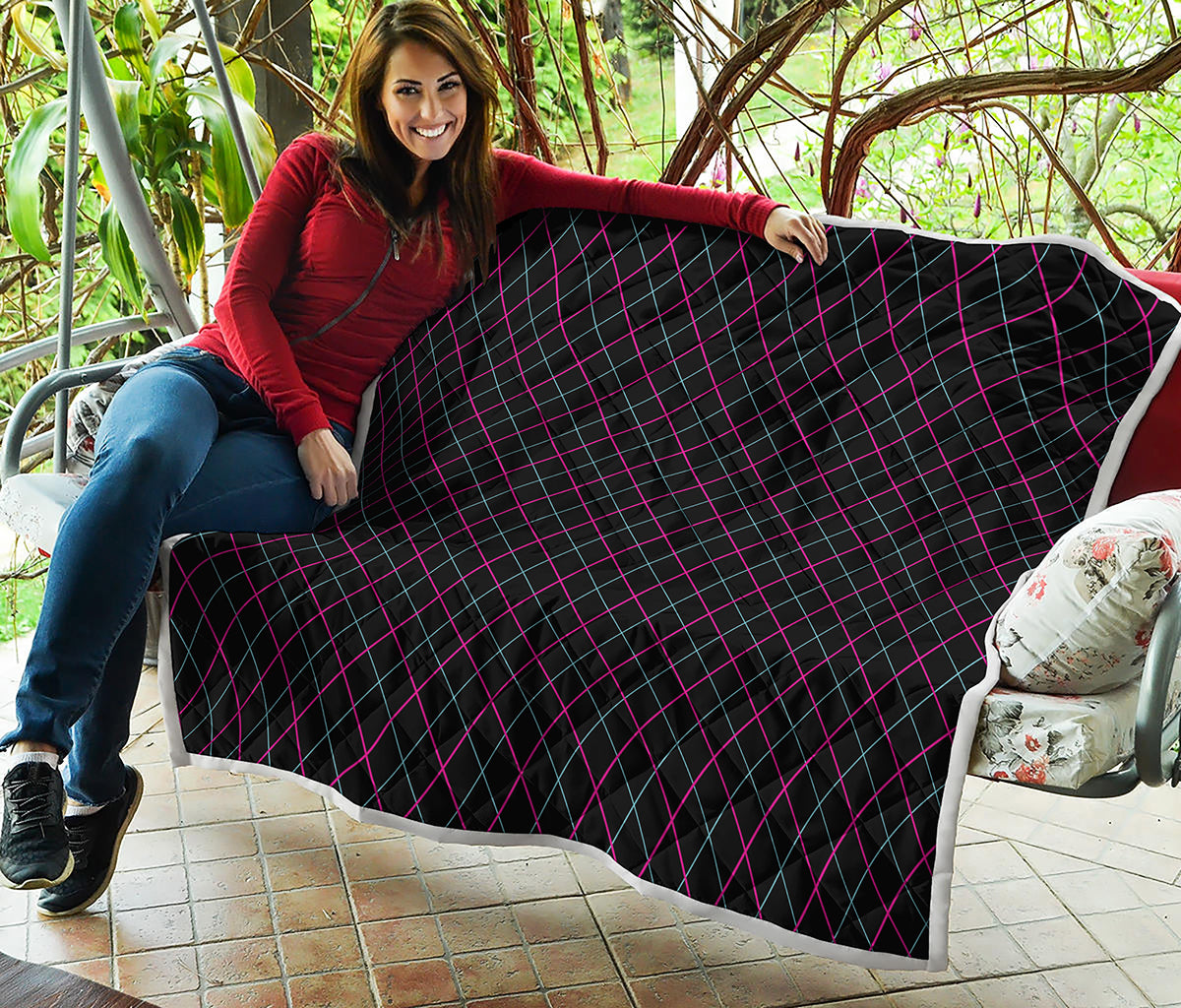 Black Pink And Blue Argyle Pattern Print Quilt
