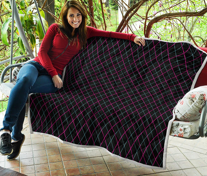 Black Pink And Blue Argyle Pattern Print Quilt