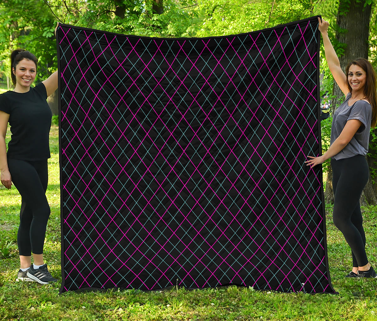 Black Pink And Blue Argyle Pattern Print Quilt