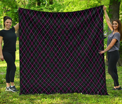 Black Pink And Blue Argyle Pattern Print Quilt