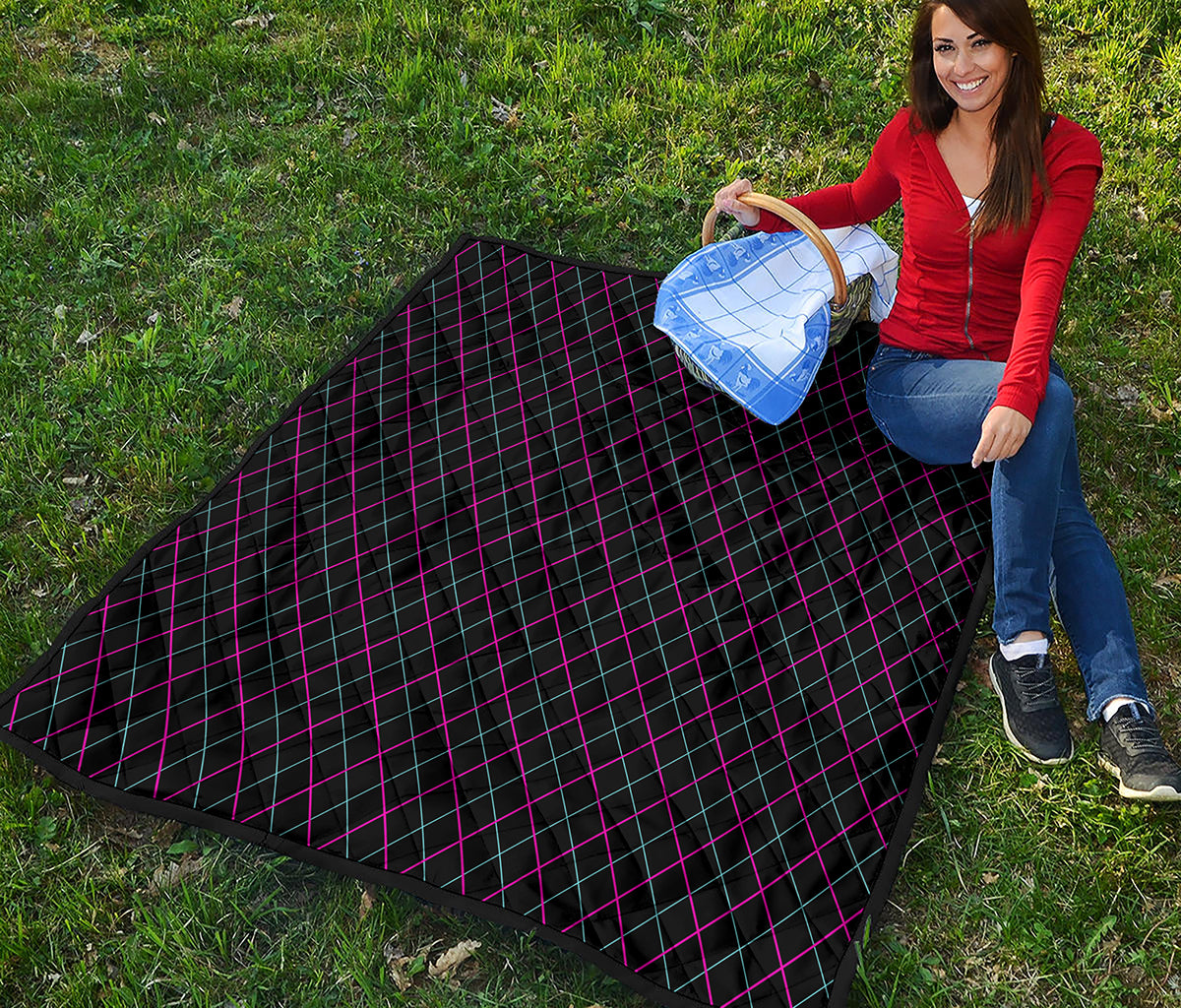 Black Pink And Blue Argyle Pattern Print Quilt