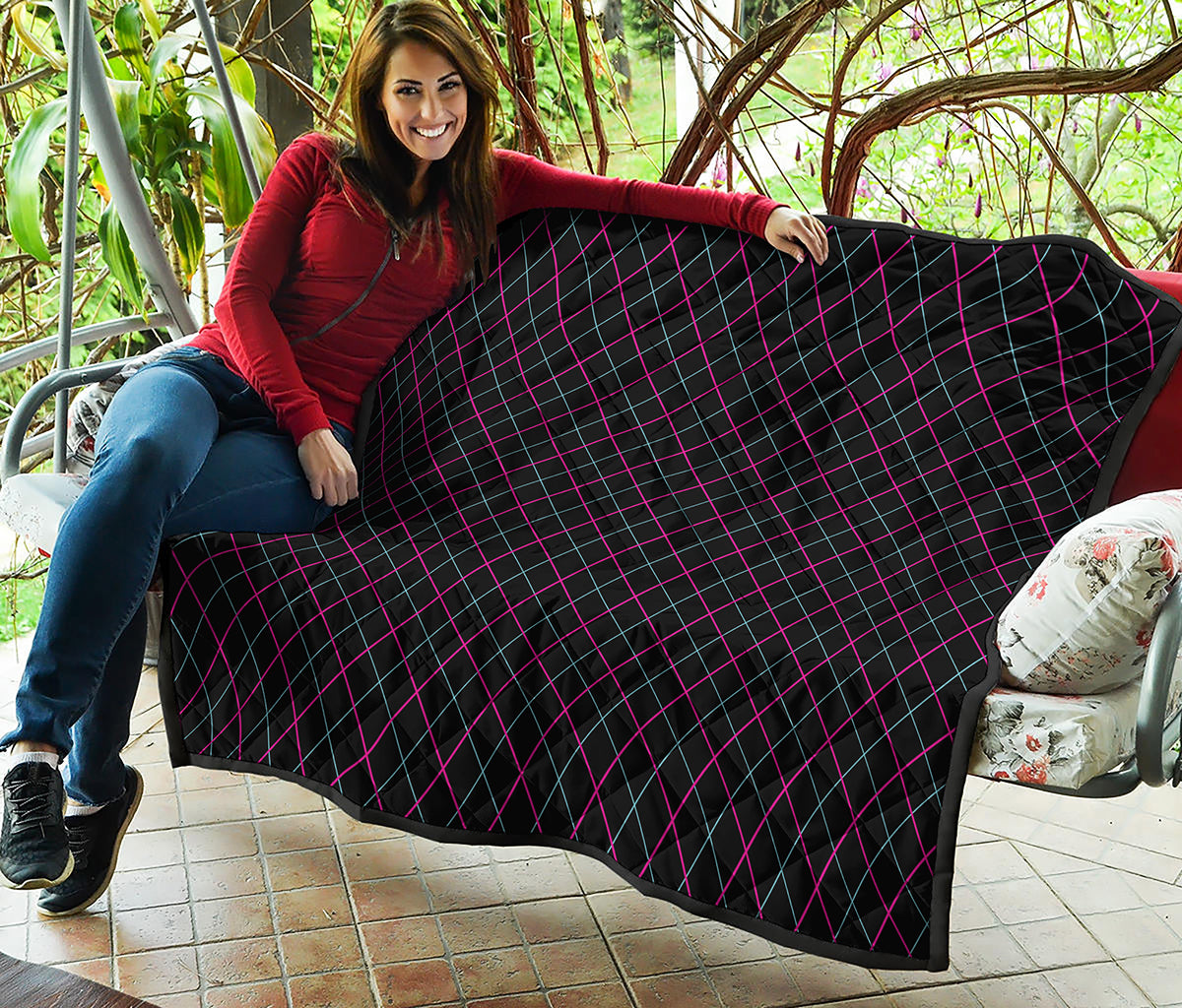 Black Pink And Blue Argyle Pattern Print Quilt