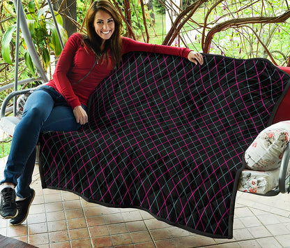 Black Pink And Blue Argyle Pattern Print Quilt