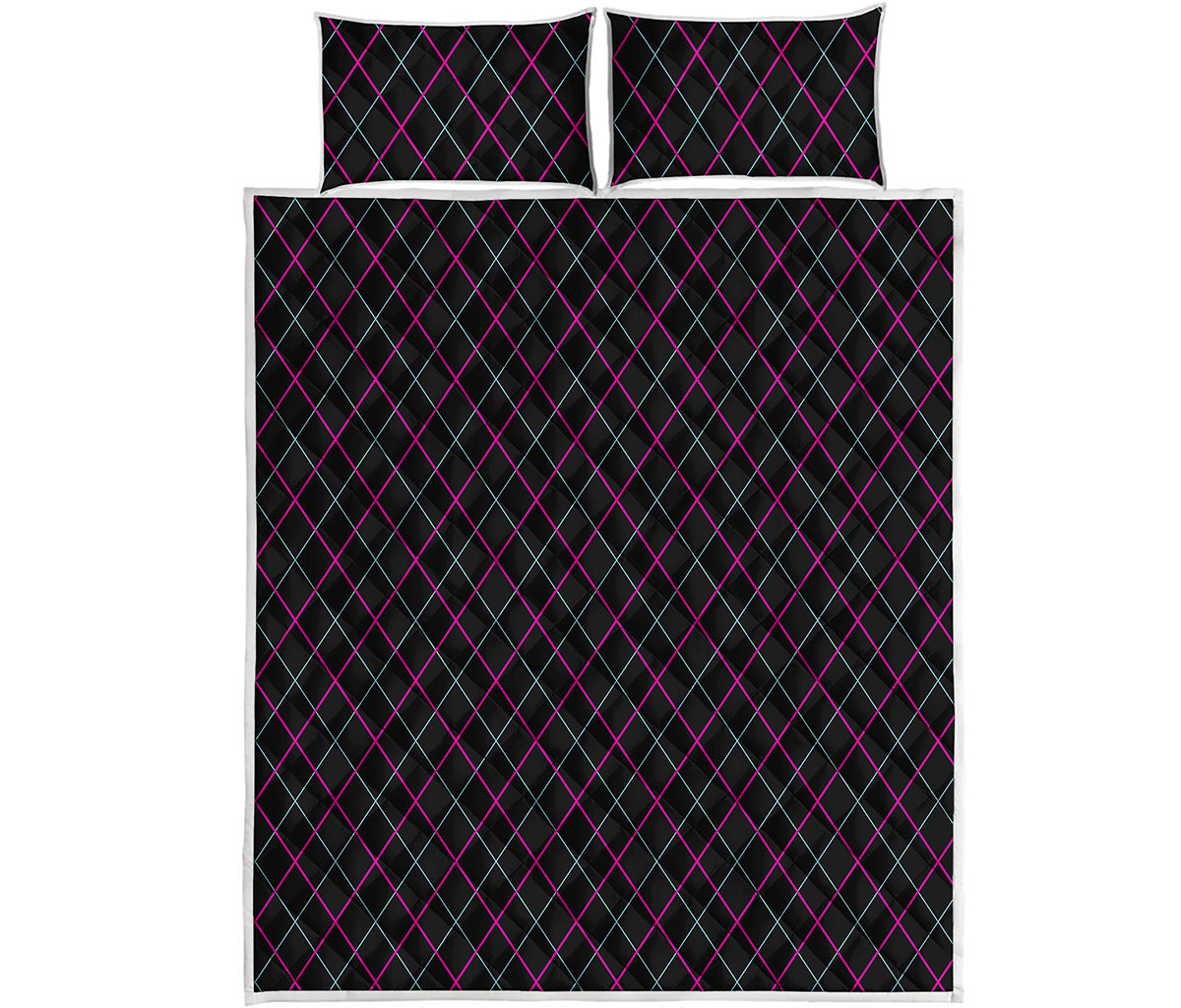 Black Pink And Blue Argyle Pattern Print Quilt Bed Set