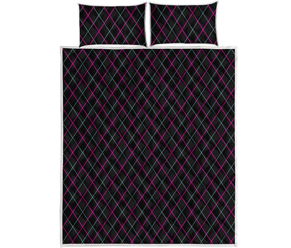 Black Pink And Blue Argyle Pattern Print Quilt Bed Set