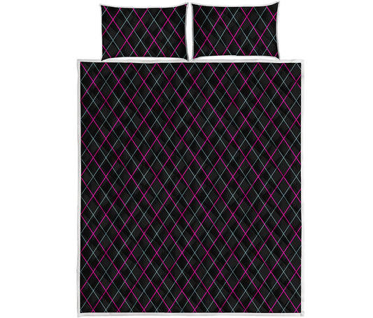 Black Pink And Blue Argyle Pattern Print Quilt Bed Set