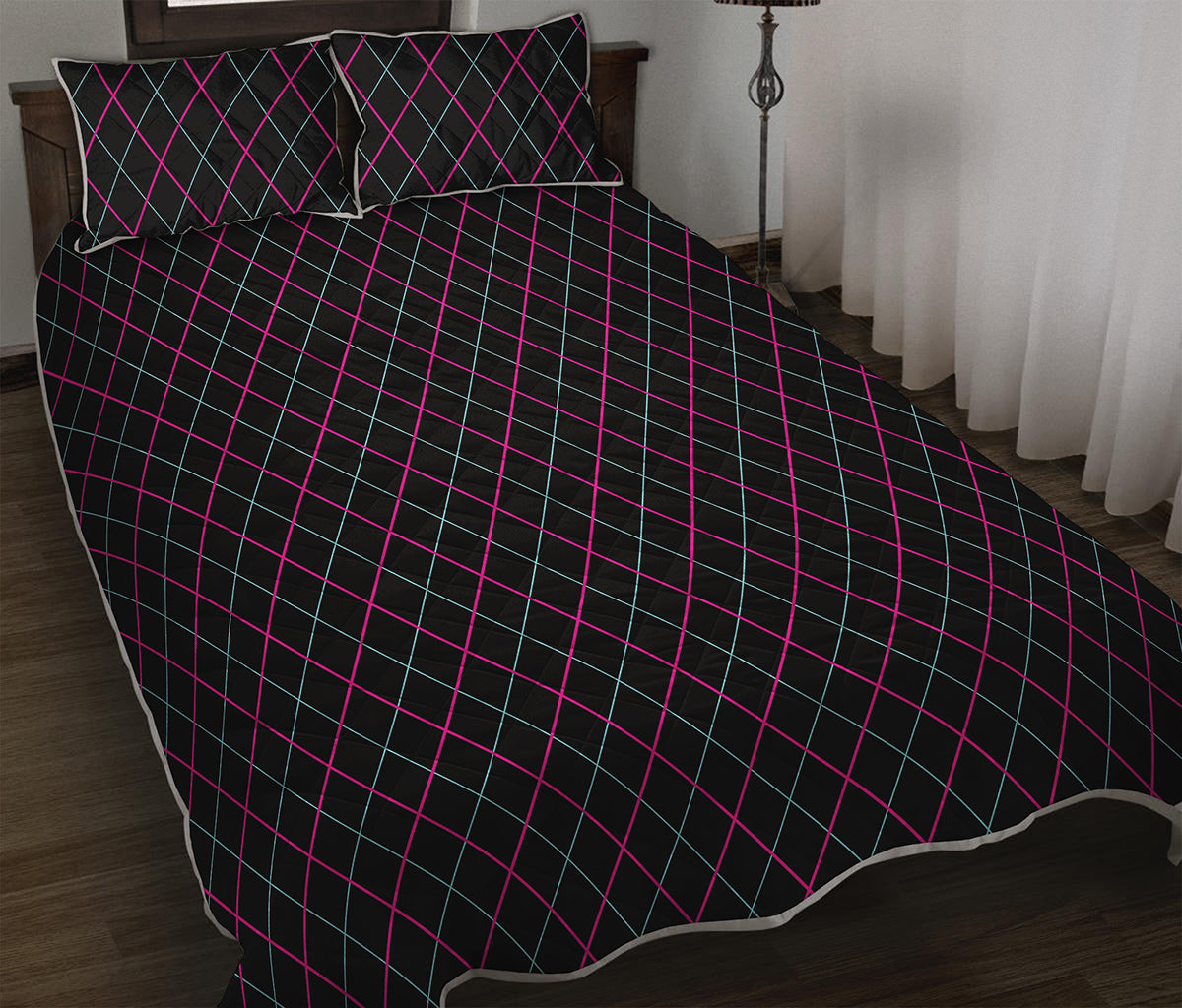Black Pink And Blue Argyle Pattern Print Quilt Bed Set