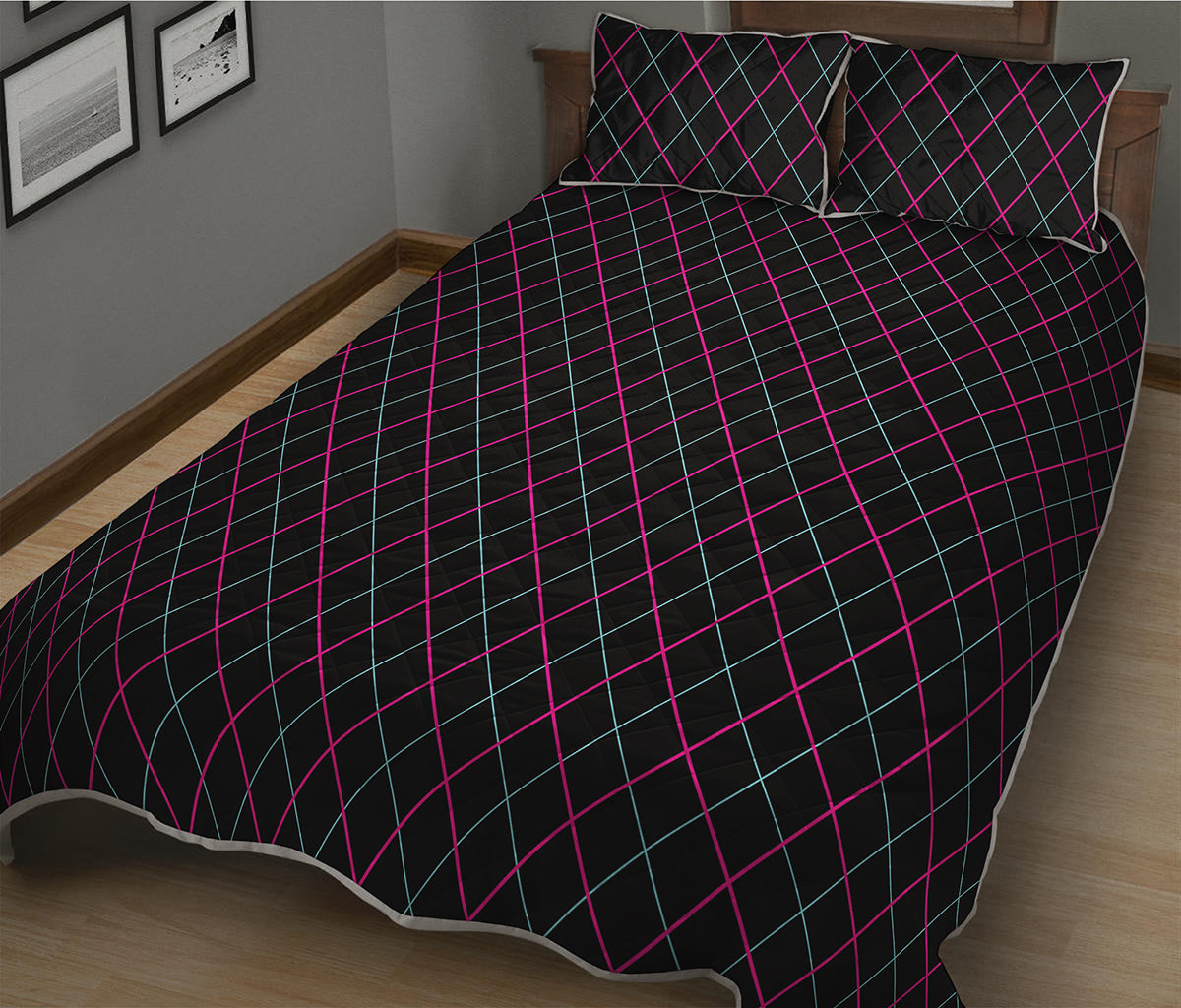 Black Pink And Blue Argyle Pattern Print Quilt Bed Set