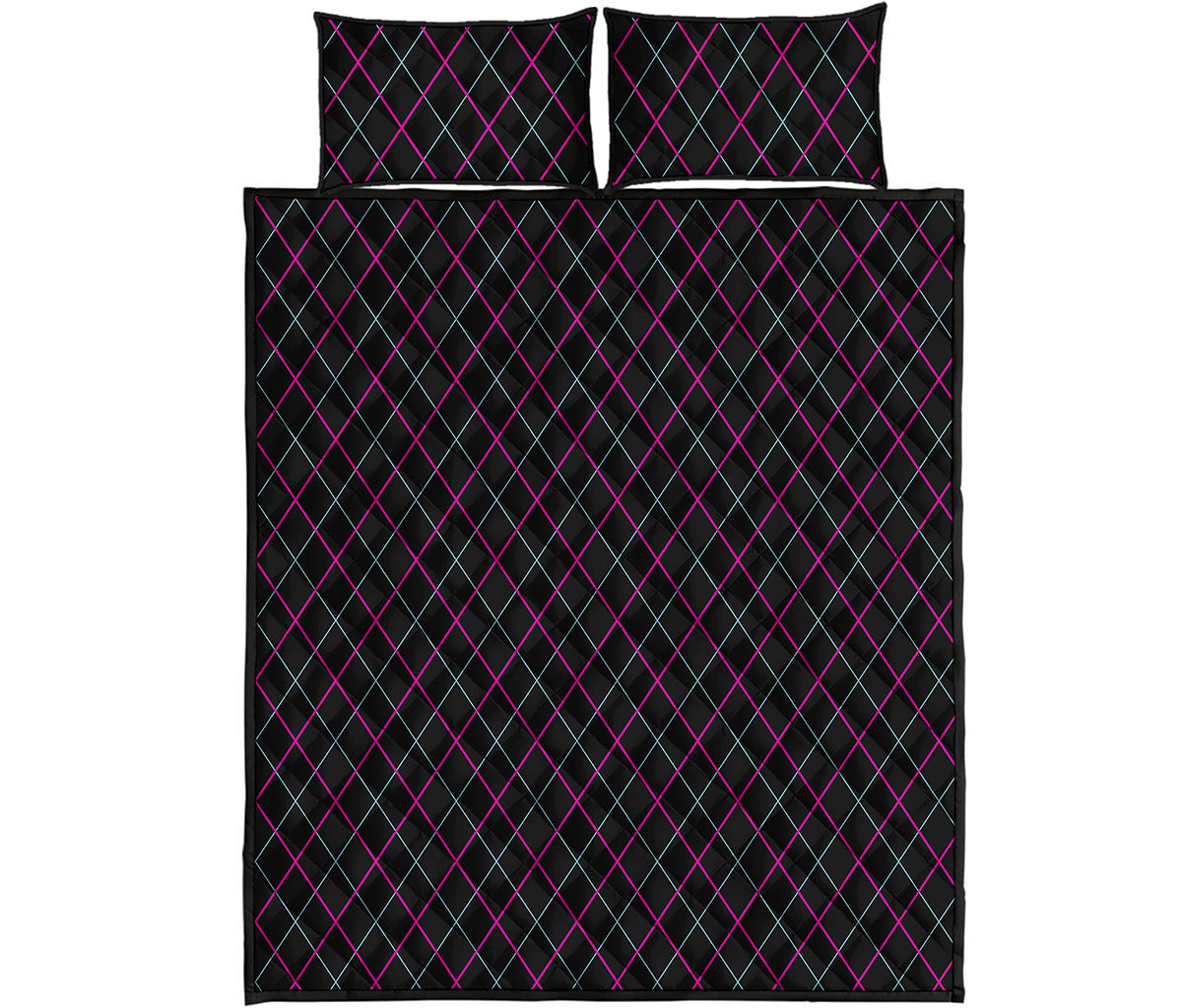 Black Pink And Blue Argyle Pattern Print Quilt Bed Set
