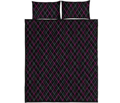 Black Pink And Blue Argyle Pattern Print Quilt Bed Set