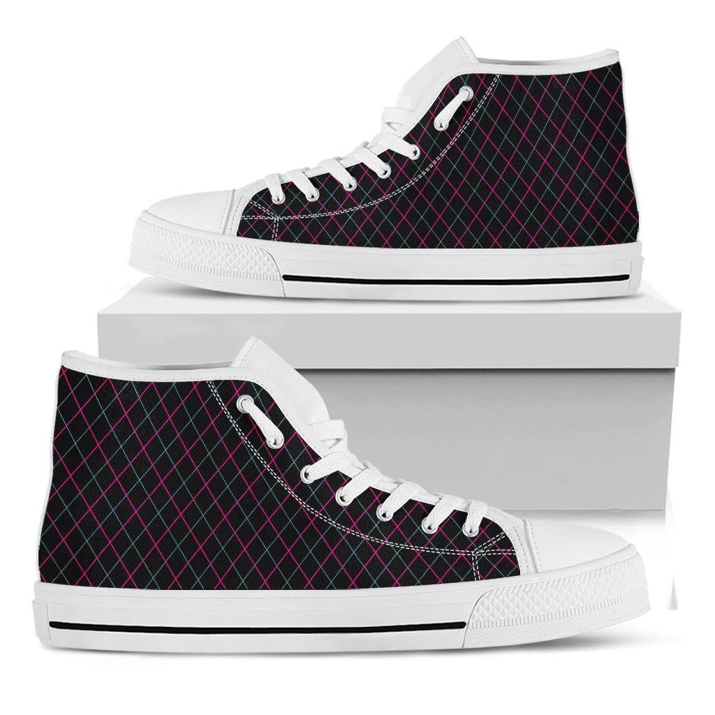 Black Pink And Blue Argyle Pattern Print White High Top Shoes