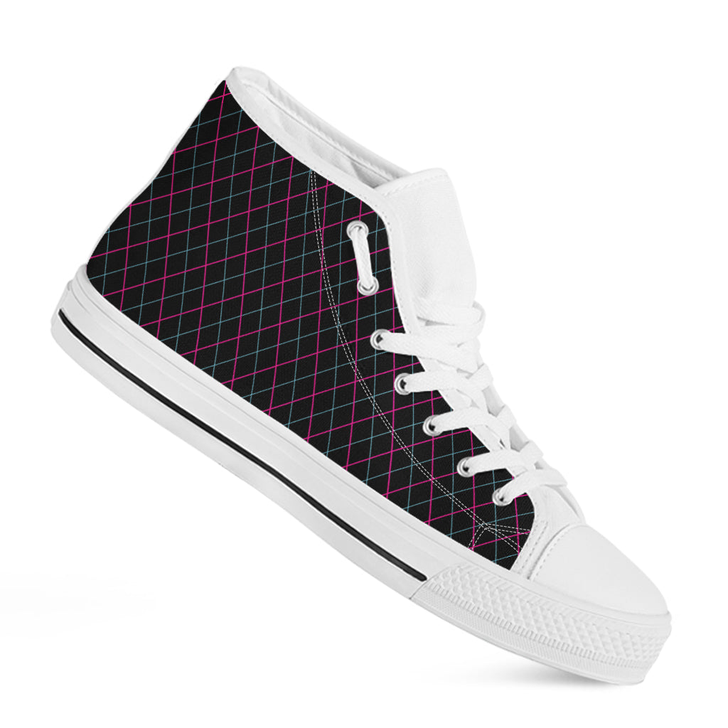 Black Pink And Blue Argyle Pattern Print White High Top Shoes